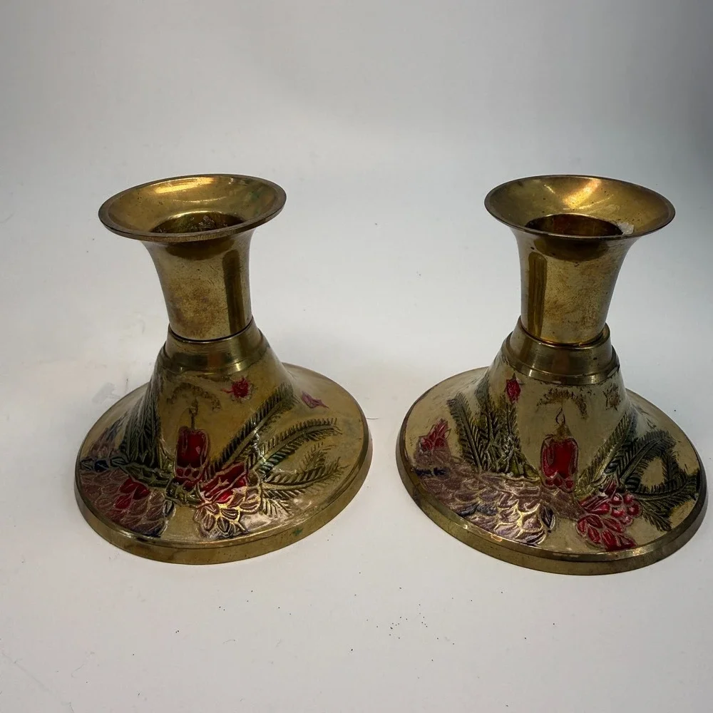 Vintage Brass Holiday Candlesticks  India Holly Bells Candle‎ Festive Set 2